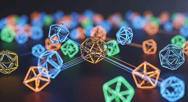 A network of interconnected glowing geometric polyhedra on a dark, abstract background.