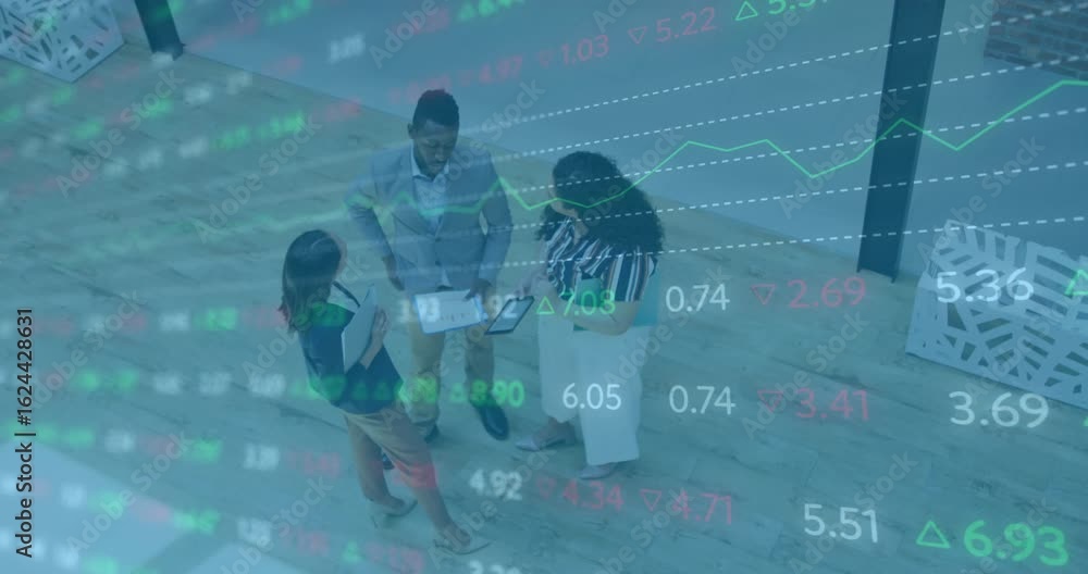 Poster finance team entering office lobby flipping notes tapping tablet and checking floating stock chart