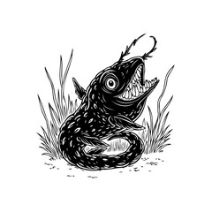Monochrome illustration of a monstrous fish with sharp teeth lurking in the grassy depths