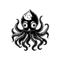 Monochrome illustration featuring a stylized octopus with intricate tentacles creating a visually appealing underwater creature image