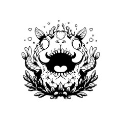 Whimsical monster illustration featuring big eyes open mouth and flora elements for creative projects and design