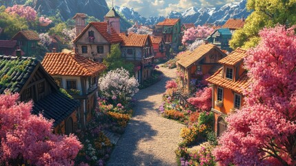 Serene village with blooming flowers and mountains