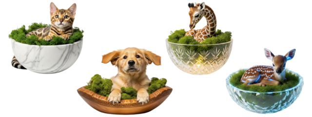 A cute collection of wild animals, including a baby giraffe and a deer fawn, and pets in bowls