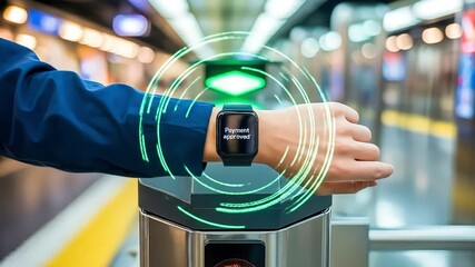A person uses a smartwatch for a quick, futuristic contactless payment at a subway turnstile, which then grants access - Powered by Adobe