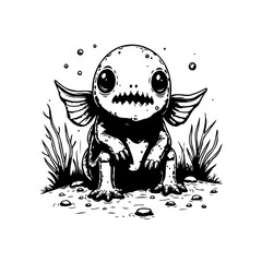 A whimsical cartoon illustration featuring a quirky creature in a landscape setting with unique details and character