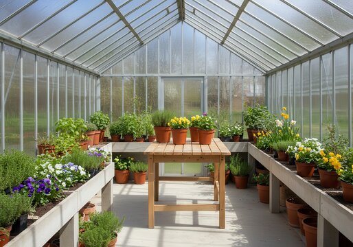 Bright and Airy Greenhouse Interior with Potted Plants on Shelves Surrounded by Lush Greenery