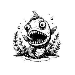 Cartoon fish illustration with exaggerated features and surprised expression in a whimsical underwater setting with bubbles
