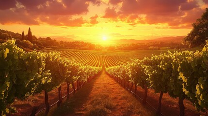 Serene Vineyard at Sunset with Golden Sky and Grapes