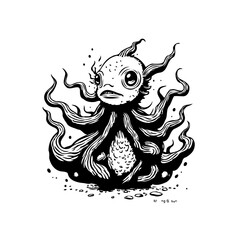 Black and white drawing of a stylized octopus fish hybrid creature in a unique design illustration © Gunawan