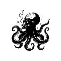Mysterious dark octopus with an elongated tongue underwater, a surreal depiction in black and white design, captivating sea creature