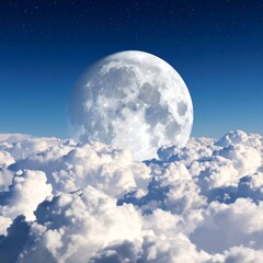 Full moon rising above a dense layer of fluffy white clouds against a dark, starry night sky
