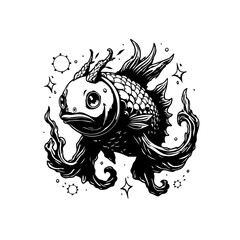 Intricate black and white illustration of a whimsical fish with magical elements, creating a surreal sea creature design
