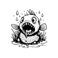 Humorous cartoon fish character with open mouth surrounded by water droplets and grass black and white illustration