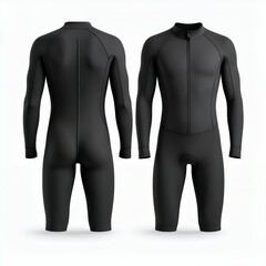 Sleek black wetsuit showcase, front and back view, detailed design illustration on white background