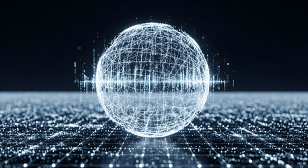 A luminous sphere of interconnected data points floats above a digital landscape, visualizing a global network or AI.