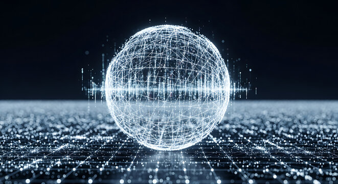 A luminous sphere of interconnected data points floats above a digital landscape, visualizing a global network or AI. - Powered by Adobe