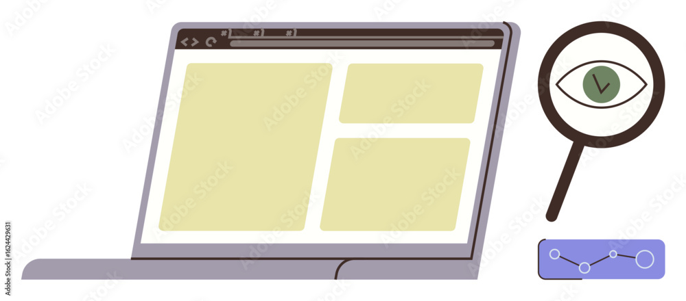 Poster open laptop displaying a web layout. eye in magnifying glass highlights focus on analytics or scruti