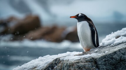 Naklejka premium The solitary penguin standing majestically on a snowy Antarctic rock.