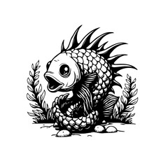 Cartoon fish illustration with spiky fins and seaweed isolated on white background creating a whimsical underwater scene