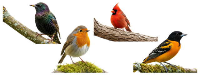 Collection of different birds, including a starling and a robin, perching on branches