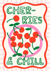 Summer berries vector illustration. Bold bright poster design with cherries plate in whimsical frame