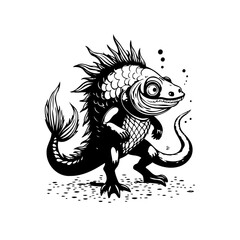 Whimsical fusion of fish and lizard in a striking black and white illustration displaying creativity