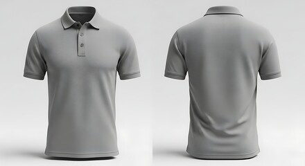 Men's classic grey polo shirt mockup. Blank short-sleeve collared apparel template shown from front and back view for design presentation.