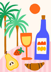 Summer tropical vector illustration. Bold bright still life poster design with wine, fruits, croissant, palms