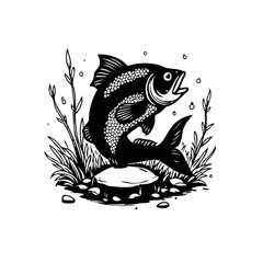Graphic vintage black and white illustration featuring a jumping fish surrounded by aquatic vegetation in a natural environment
