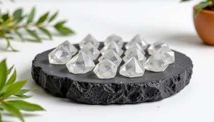 a high resolution, ultra sharp isolated crystal grid base made from lava stone, placed on a pure white background with no shadow or minimal soft shadows only