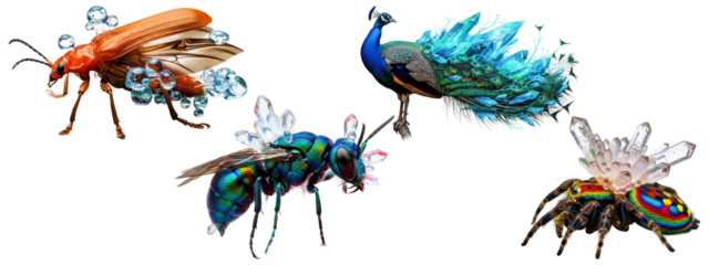 A collection of different animals and insects, including a peacock and a spider, with crystal wings