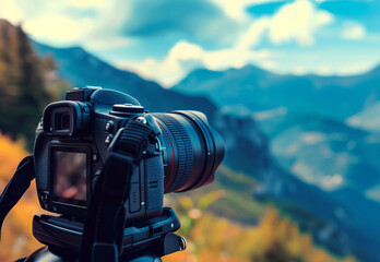 Camera against the backdrop of a beautiful landscape