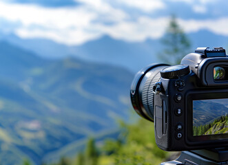 Camera against the backdrop of a beautiful landscape