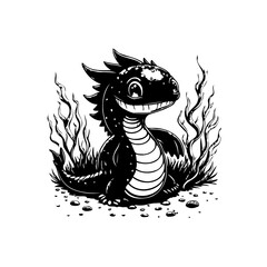 Whimsical black and white illustration of a cute dragon character with spiky hair in grassy surroundings