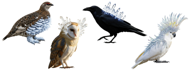 A collection of different birds, including an owl and a crow, with crystal feathers and fantasy elements
