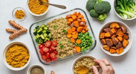 Colorful Meal Prep with Quinoa, Fresh Vegetables, and Turmeric on a Bright Background for Healthy Eating