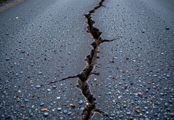 cracks appearing on asphalt trail from subsurface soil erosion removing support and letting pavement sag and fail over time no punctuation marks or strange symbols used