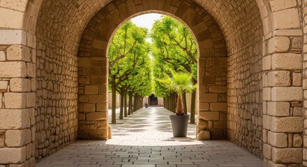 Stone archway leads to a tranquil tree lined path providing a sense of depth and perspective