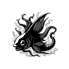 Illustration of a unique and whimsical black fish with tentacles swimming in the sea with style