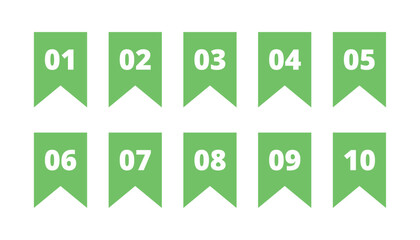 Colorful numbered bullet points or bookmarks from 01 to 10 representing list organization, task steps, progress markers, ranking, sequence, and digital navigation indicators