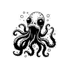 Whimsical black and white octopus illustration with big eyes and cartoonish expression in detailed inking style
