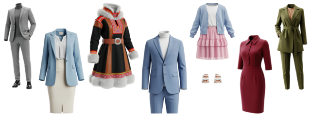 A collection of different clothing, including formal suits, a traditional Sámi folk costume, and casual dresses