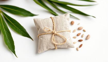 a high resolution, ultra sharp isolated herbal sachet made from coconut shell, placed on a pure white background with no shadow or minimal soft shadows only