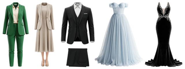 Collection of formal clothing, including suits and evening gowns