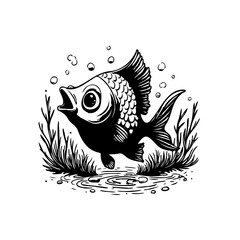 Adorable cartoon fish with big eyes swimming in the water looking up in black and white drawing