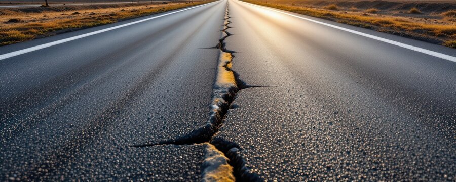 roadway with reflective cracks formed by sublayer movement during extreme day and night temperature changes creating surface splits no punctuation or special characters used