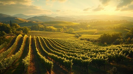 Serene Vineyard Landscape at Sunset with Rolling Hills