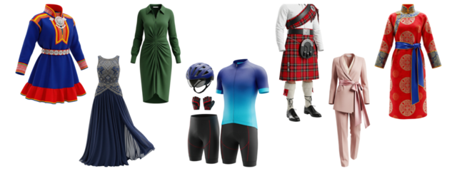 A collection of different clothing, including a kilt, a cycling outfit, and traditional Mongolian and Sámi folk dresses