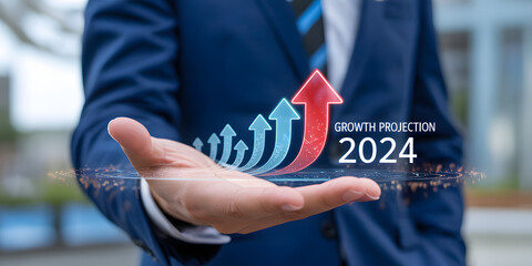 Confident businessman presents dynamic 2024 growth projection with upward trending arrows