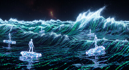 Digital avatars surfing on futuristic waves in a virtual ocean data at night